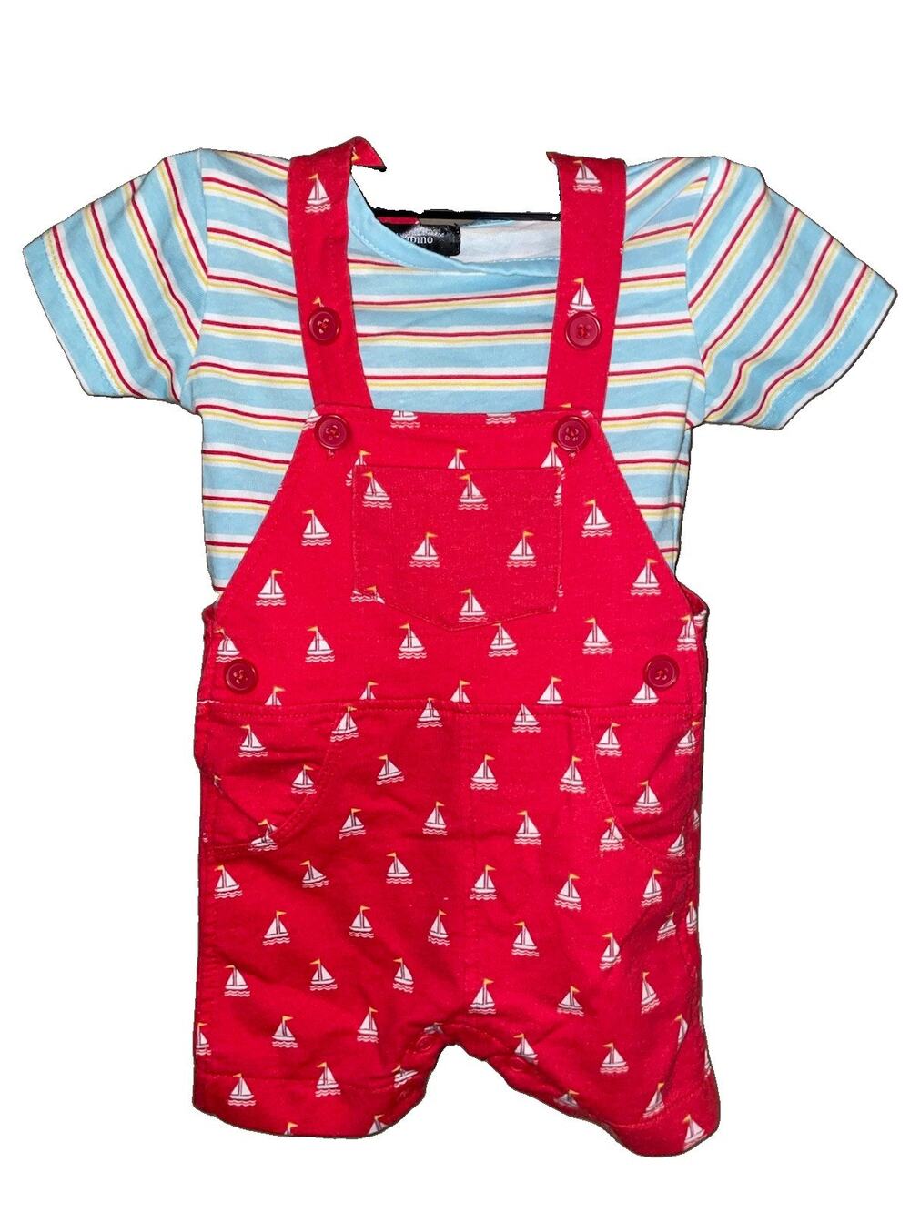 Picapino Baby Boy Sail Boat Summer Overalls With Striped Under Shirt Sz 0-3 M